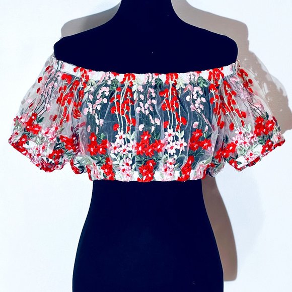 Blouse Cathy Femme Petite Medium (PM) Bleue - Broderie Florale - État Correct